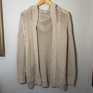 Joan Vass Studio Beige Open Knit Hooded Cardigan 100% Cotton Size Small